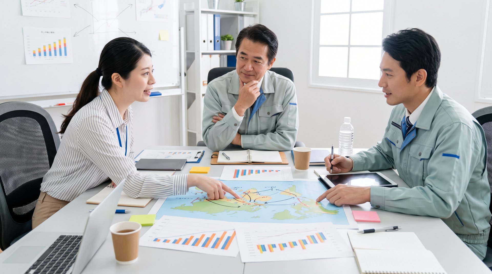 輸出の事業計画を話し合う中小企業のチーム