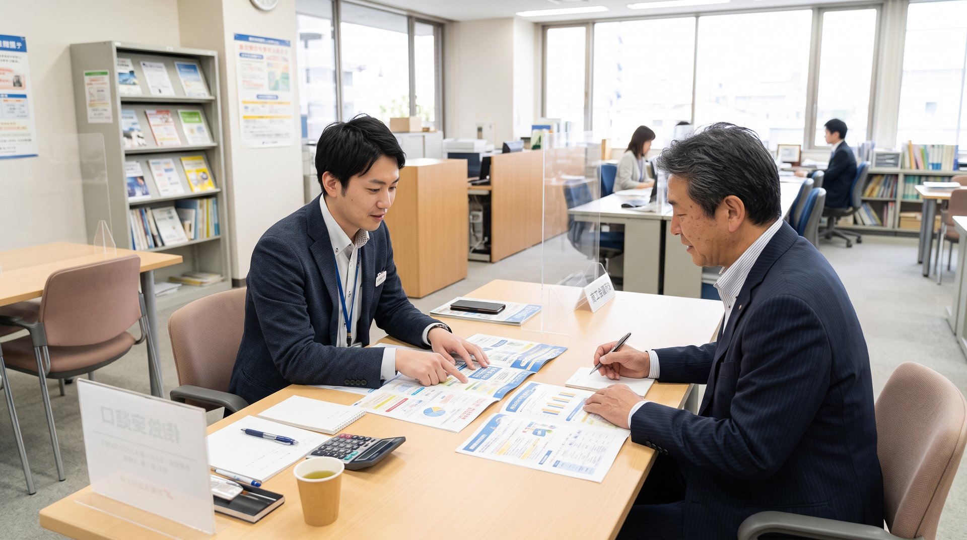 商工会議所の窓口で支援制度の説明を受ける中小企業の経営者