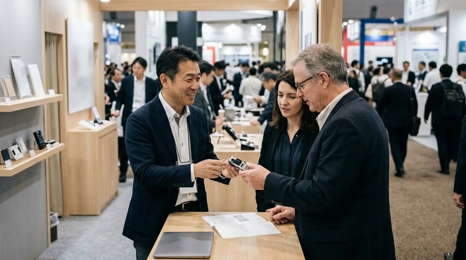 海外の展示会で商品を紹介する日本企業の担当者